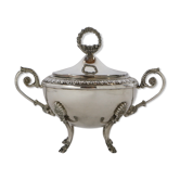 Silver sugar bowl with paw feet and ornate handles