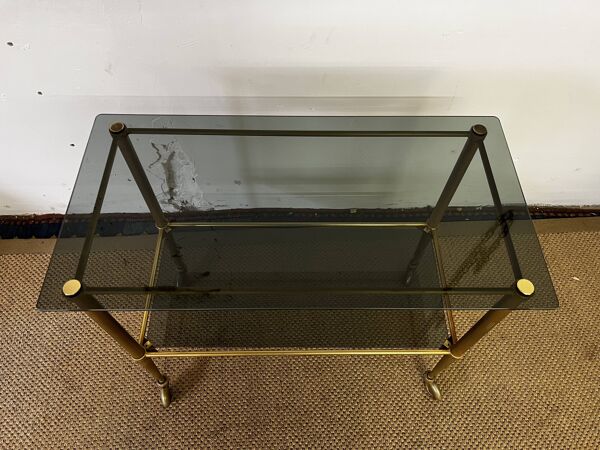 Console / desserte en laiton et verre fumé