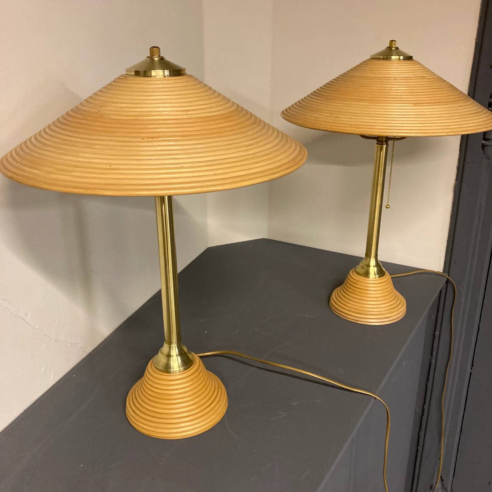 Vintage Pencil Reed table lamp set, Italy, 1970s
