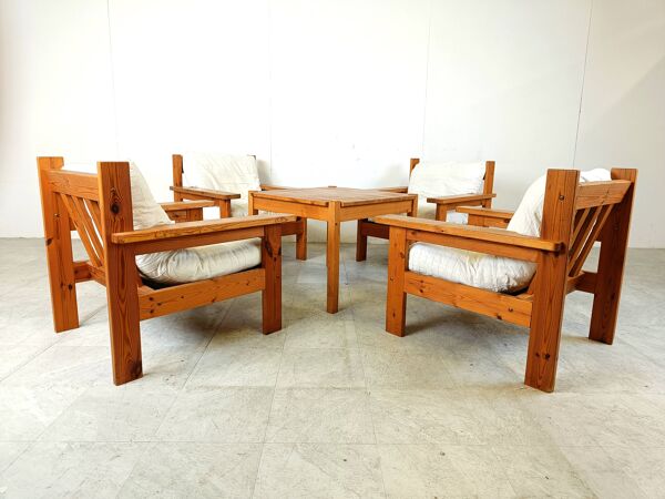 Ensemble de fauteuils vintage en bois de pin, années 1980