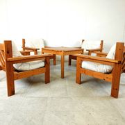 Vintage pine wood armchair set, 1980s