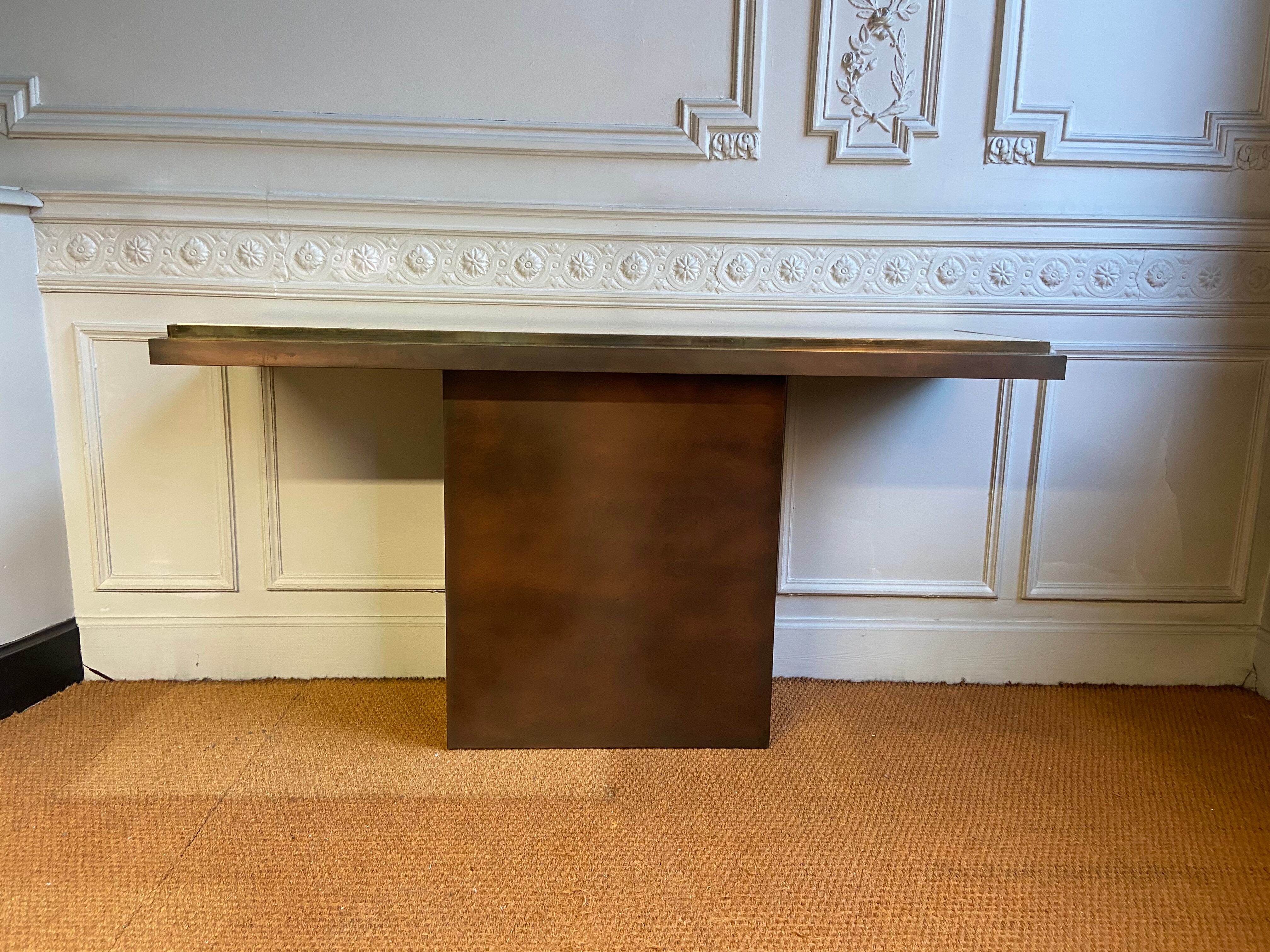 Belgo Chrom console, copper and travertine metal, Belgium, 1970
