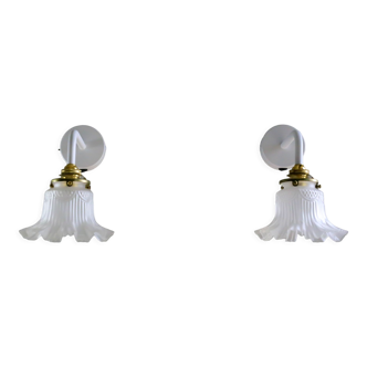 Set of 2 old French wall sconces in translucent old glass