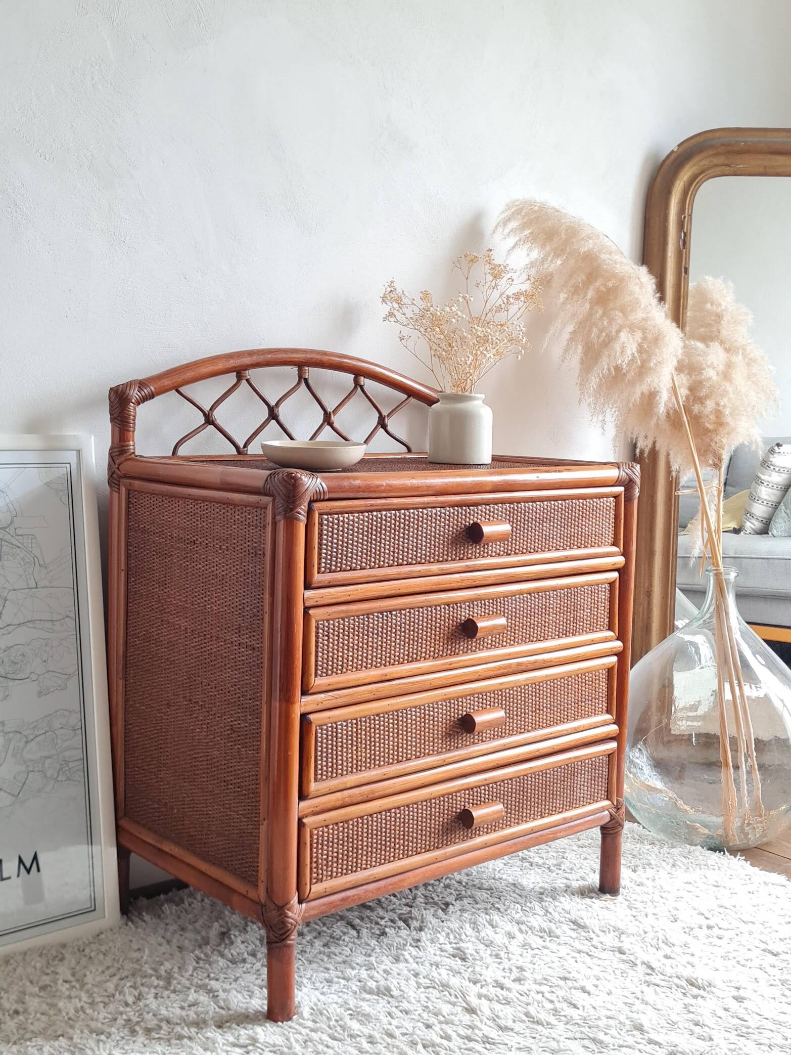 Rattan chest of drawers from the 1970s.