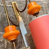 Large pair of wall lights in brass and orange opaline
