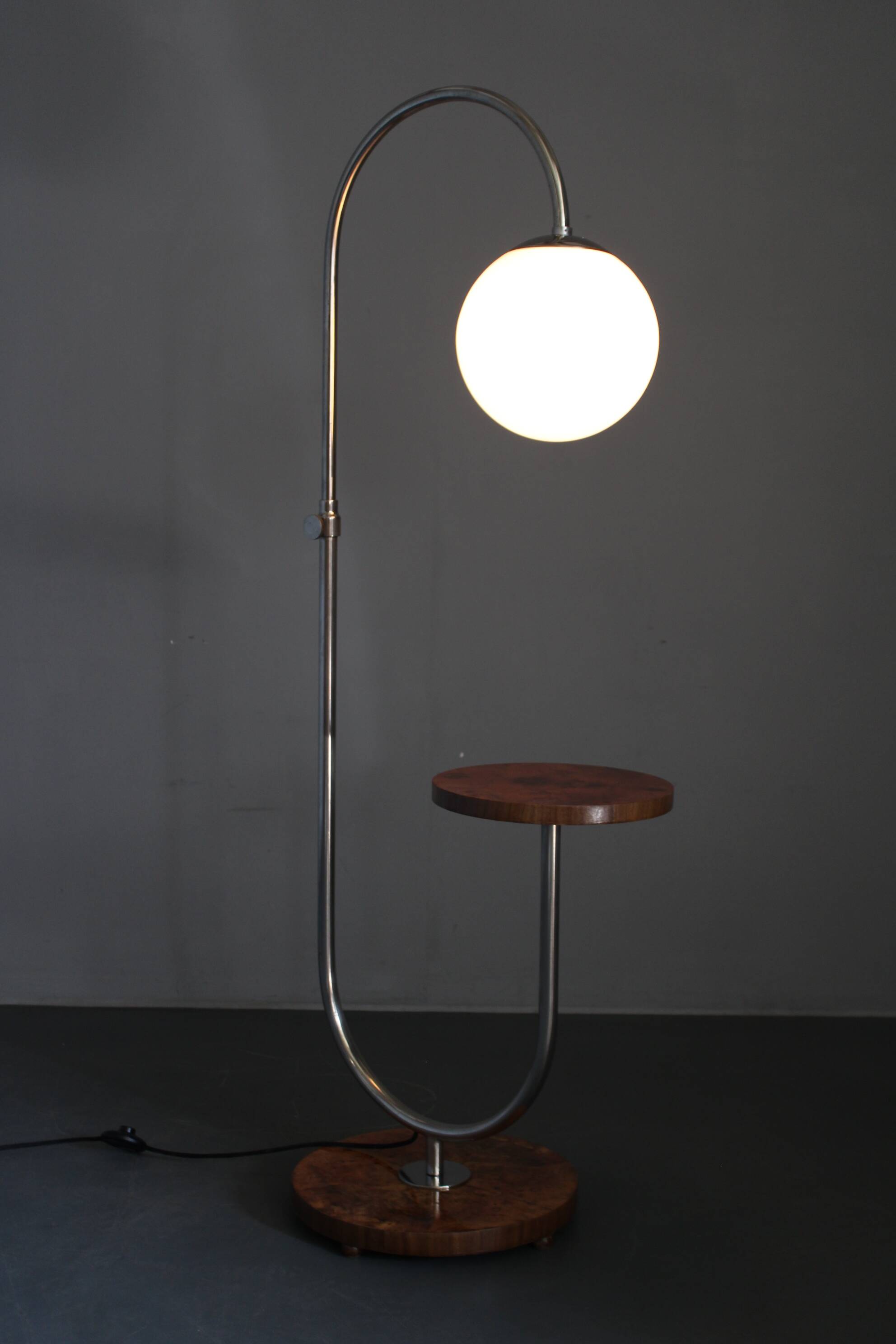 1930s Czechoslovak Art Deco chrome floor lamp with milk glass globe and table