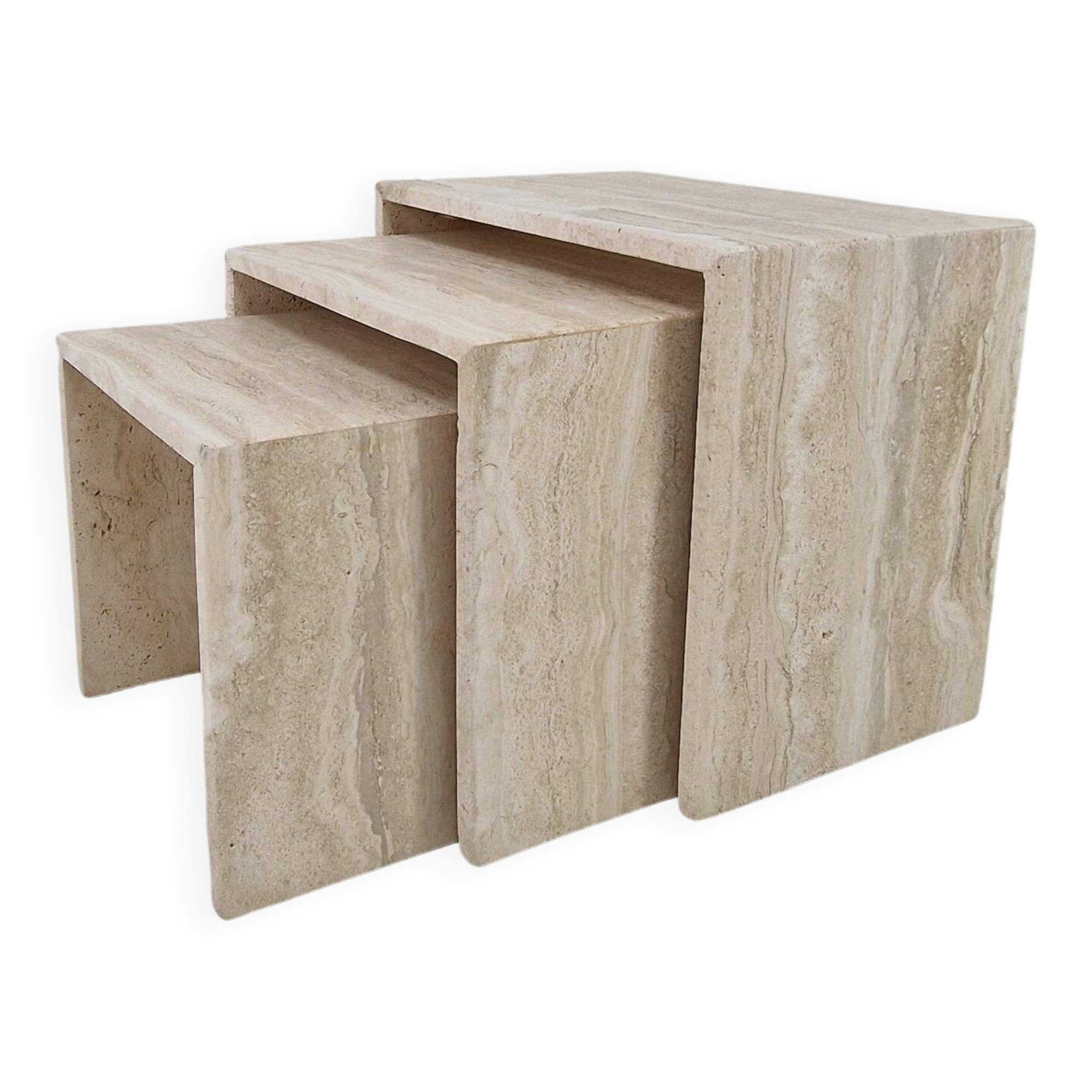Italian 1980s Grooved Travertine Nesting Tables – Set of 3