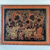 Large rectangular tray in lacquered and engraved wood decorated with characters. Burma, circa 1970.