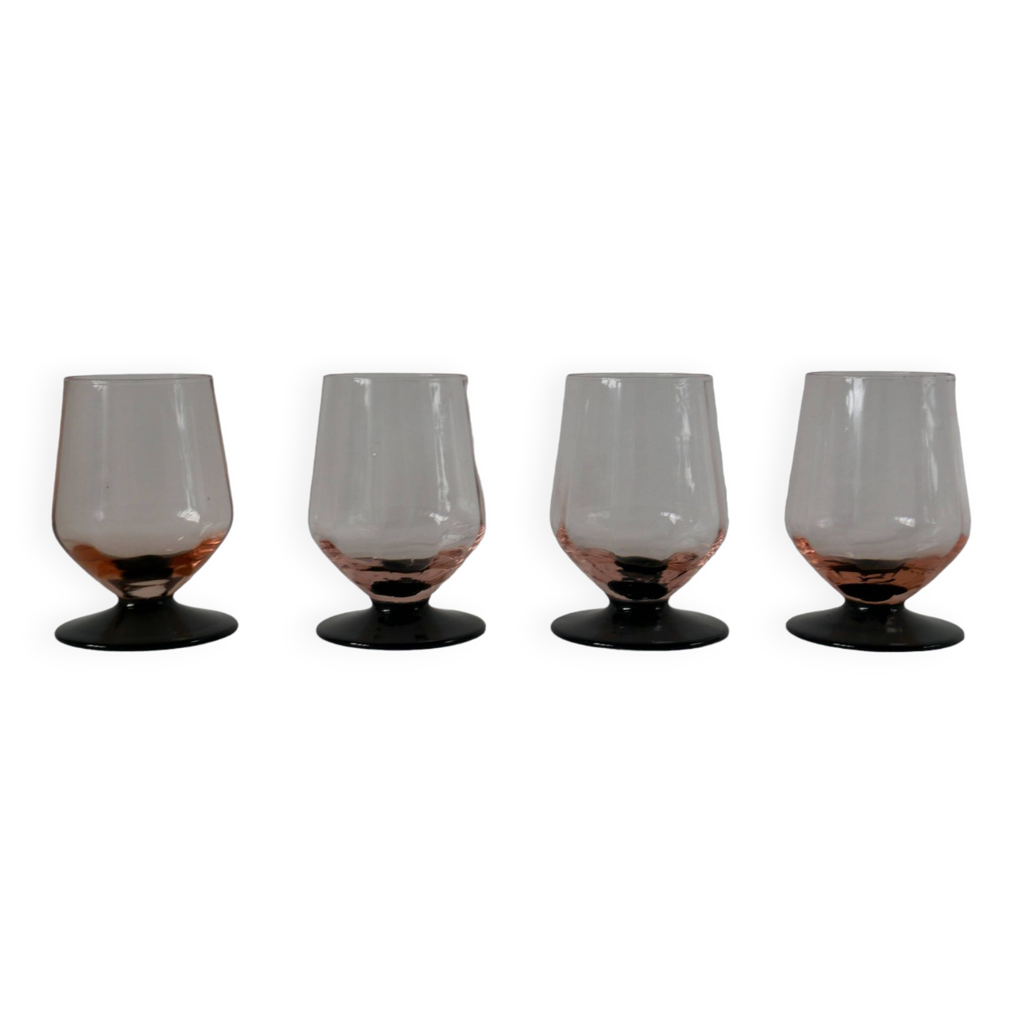 Set of 4 glasses with pink stems and black stems art deco 1930s