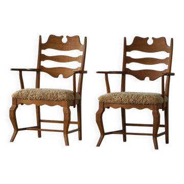 Pair of Razorblade armchairs by Henning Kjærnulf, Oak & Lambswool, 1960