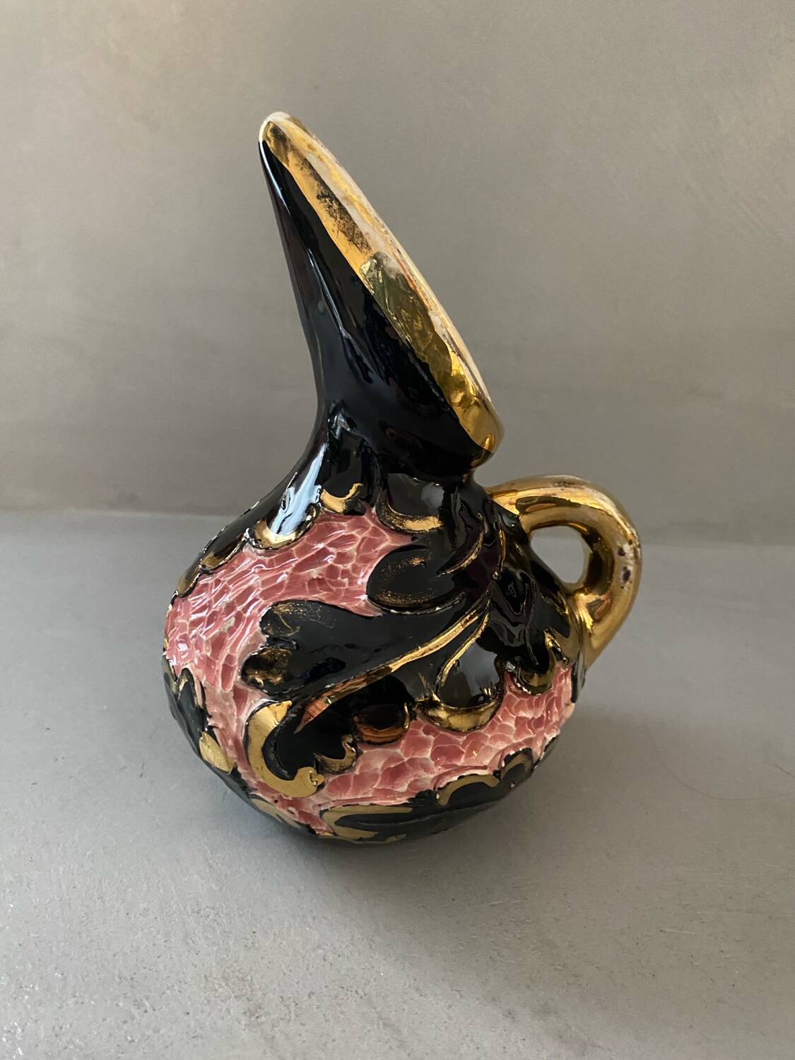 Vallauris vase or Monaco ceramic handmade black pink and gold