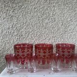 7 aperitif glasses in red and transparent glass chiseled vintage