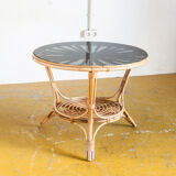 Vintage side table in rattan and smoked glass, France 1970