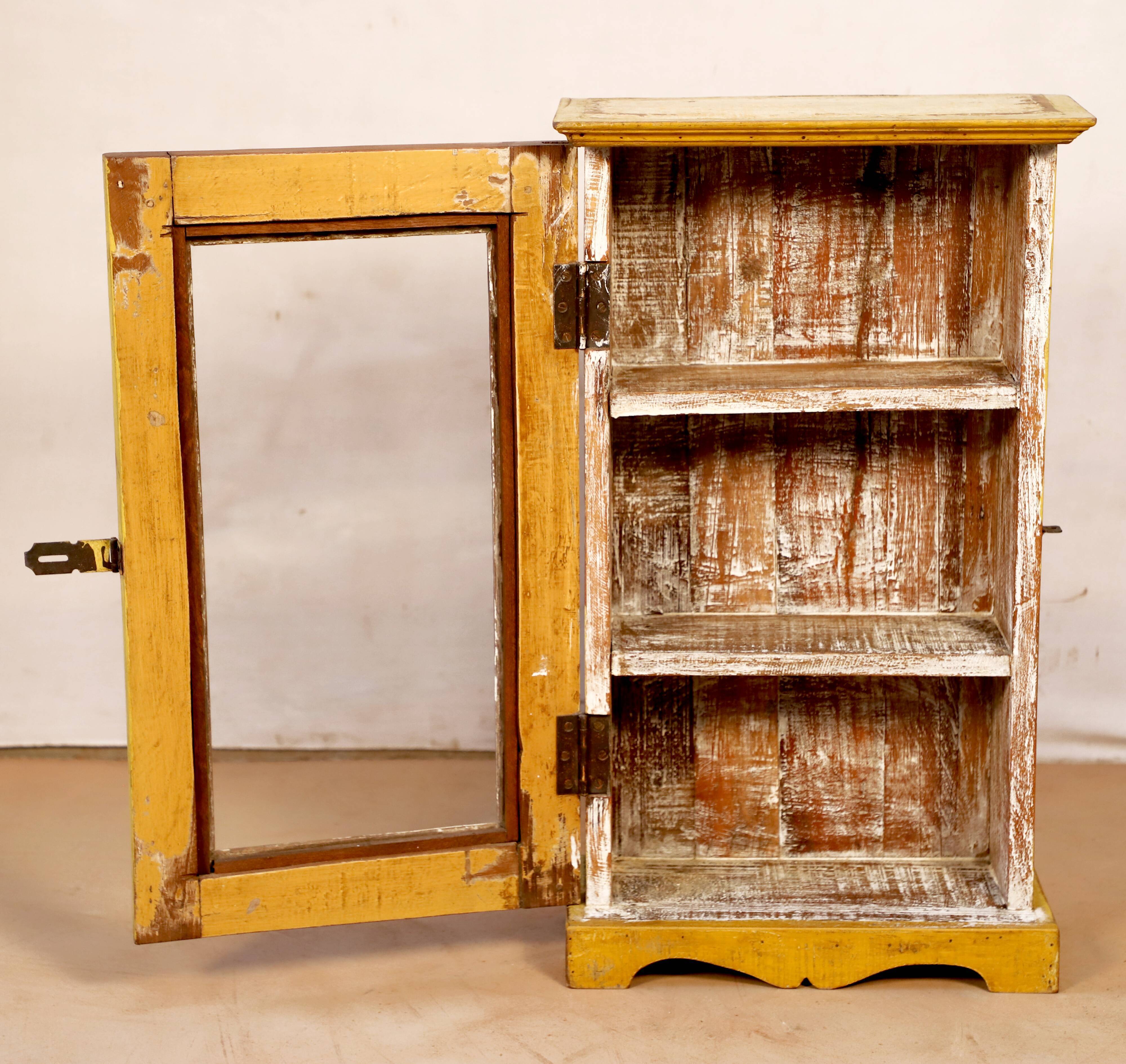 Showcase burmese teak wall shelf with original yellow patina