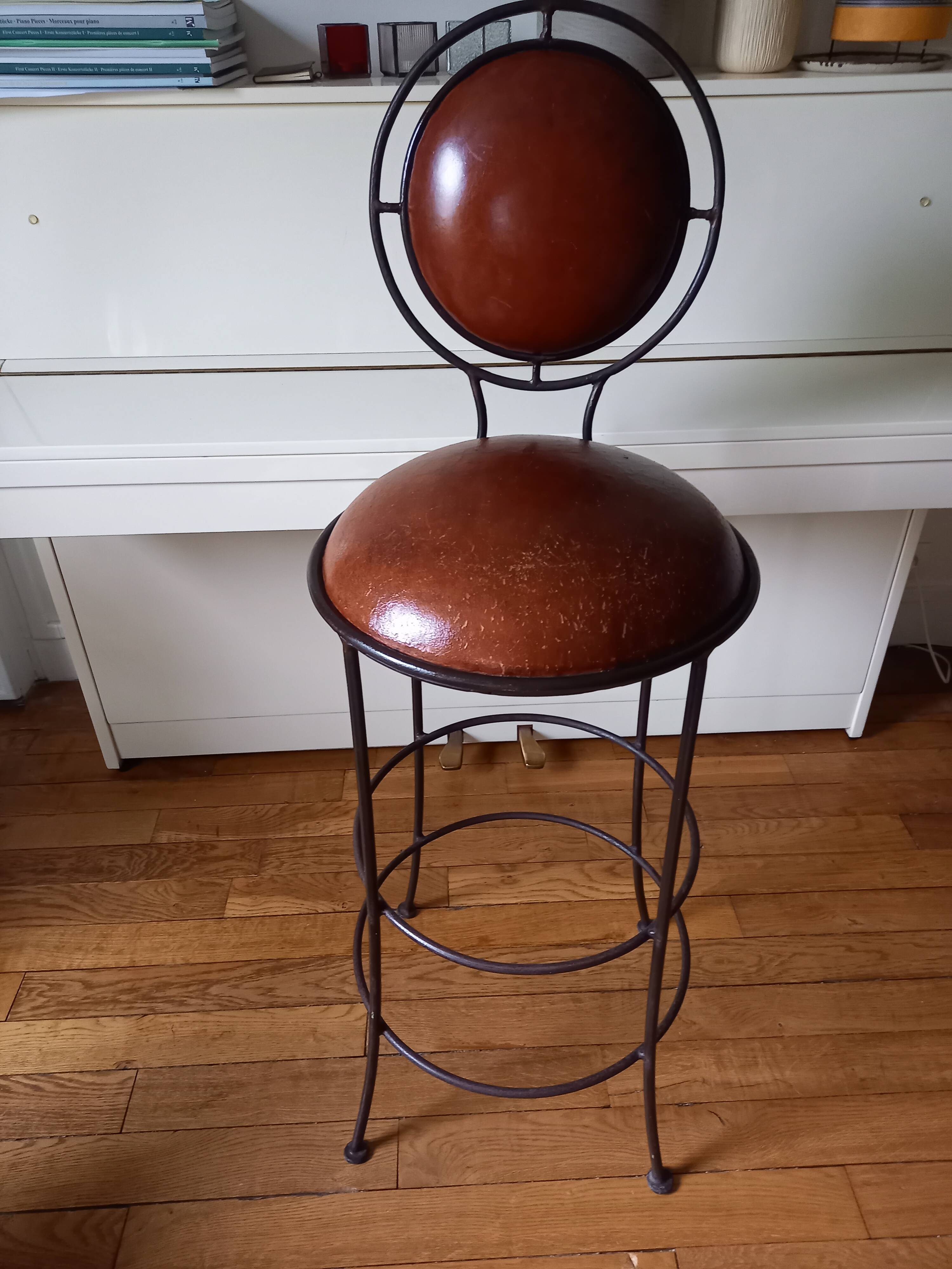 Wrought iron and leather bar stool