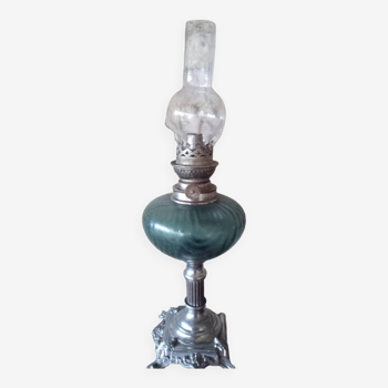 Vintage kerosene lamp with silver metal base