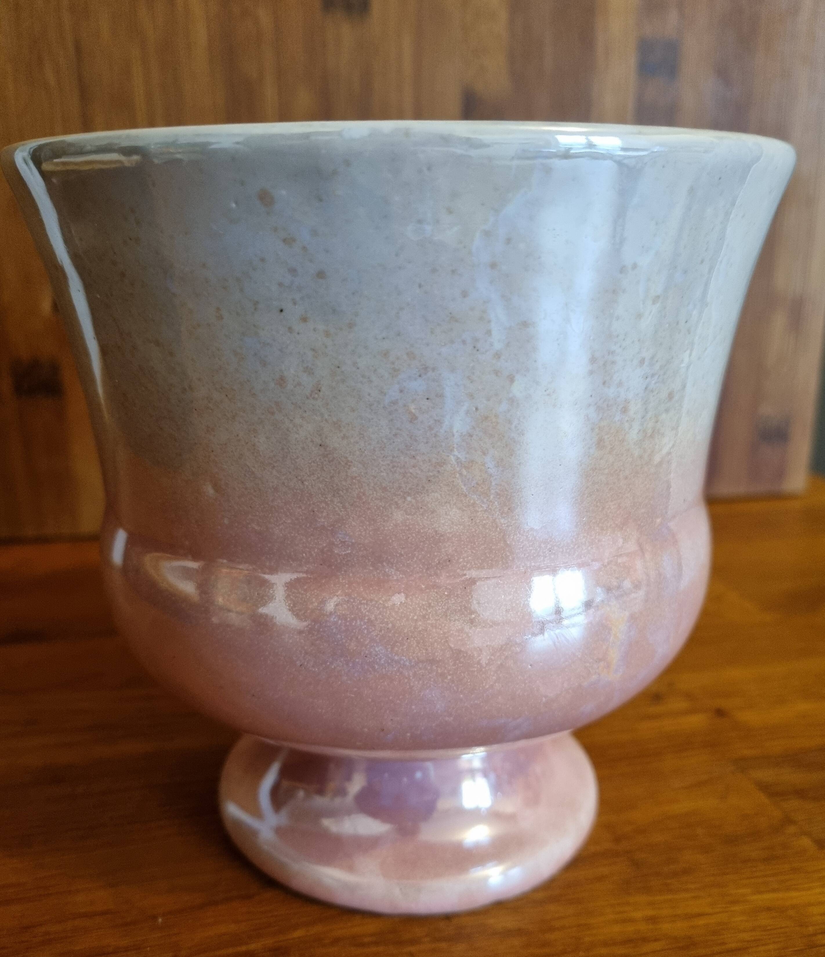 Strehla Germany Vintage Ceramic Iridescent Pink Flowerpot Vase
