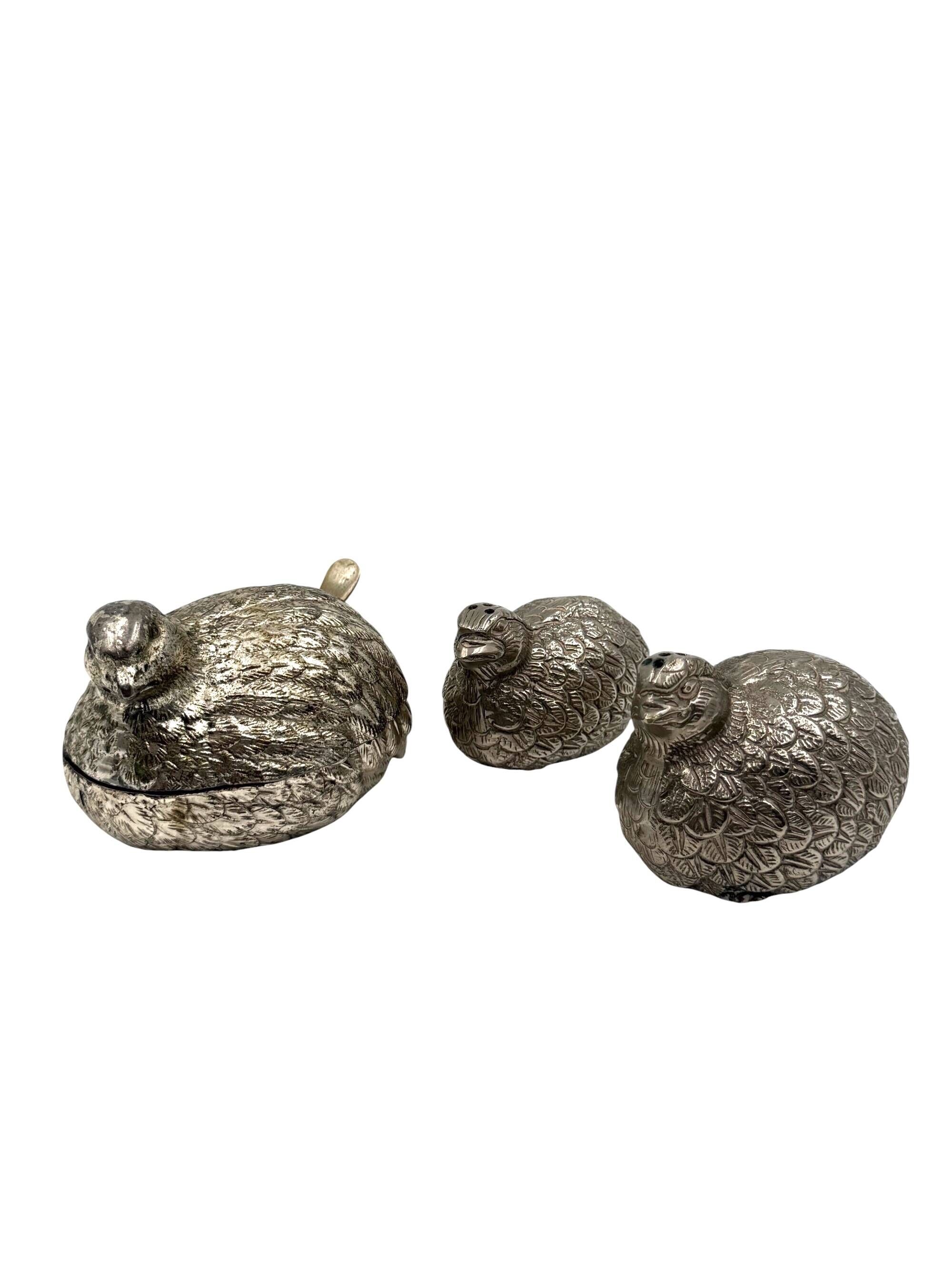 Hollywood regency silver-plate quails shaped salt and pepper, Gucci Italy,