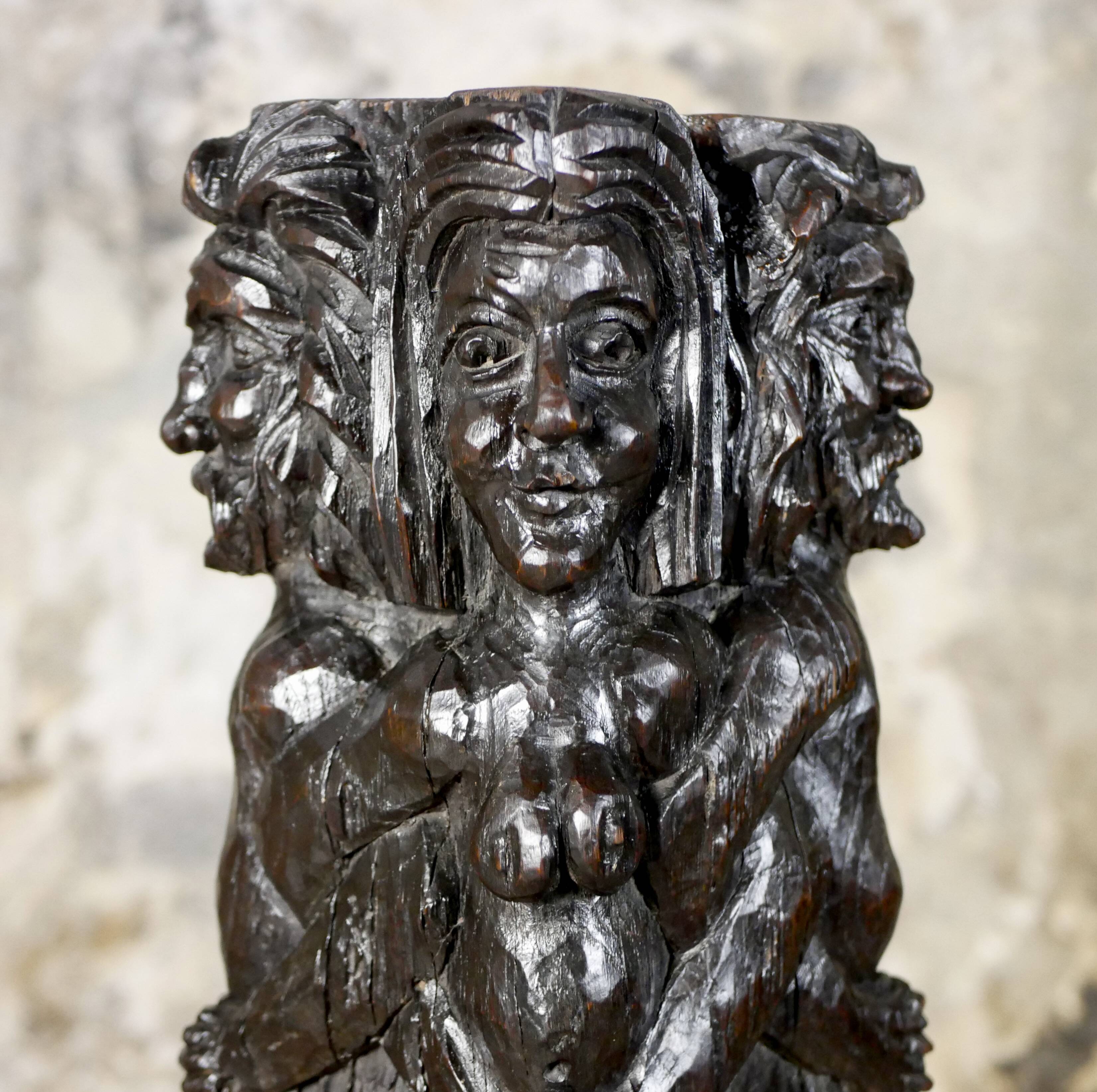 Adam and Eve wooden pedestal, religious art