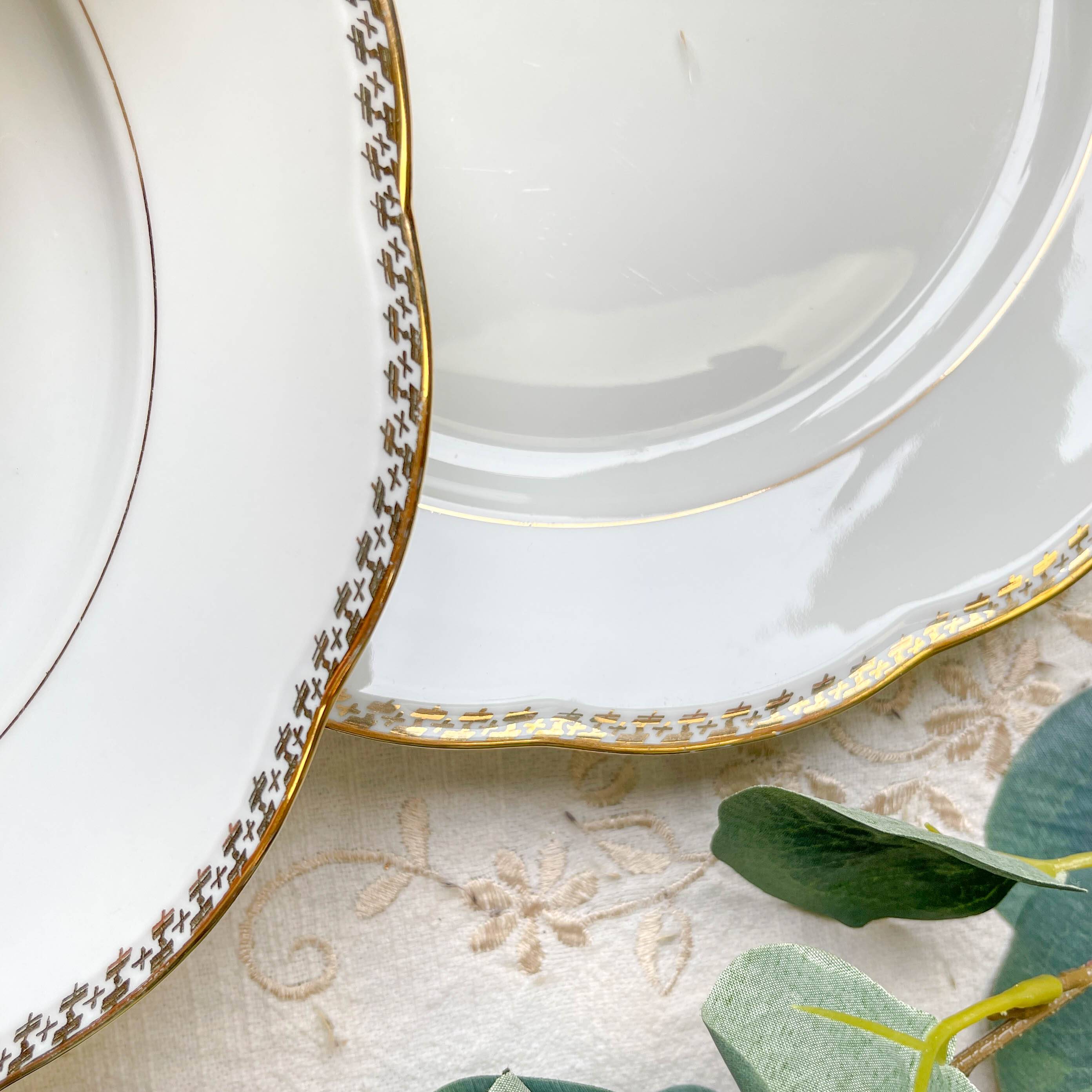 7 Vintage White and Gold Porcelain SPF Dinner Plates – Geometric