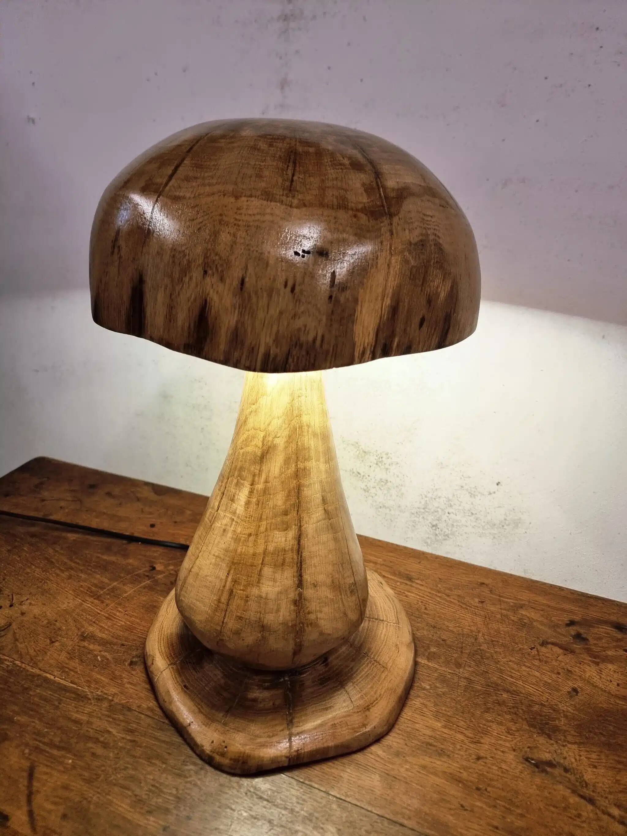 Hand-carved oak table lamp in the shape of a mushroom
