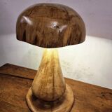 Hand-carved oak table lamp in the shape of a mushroom