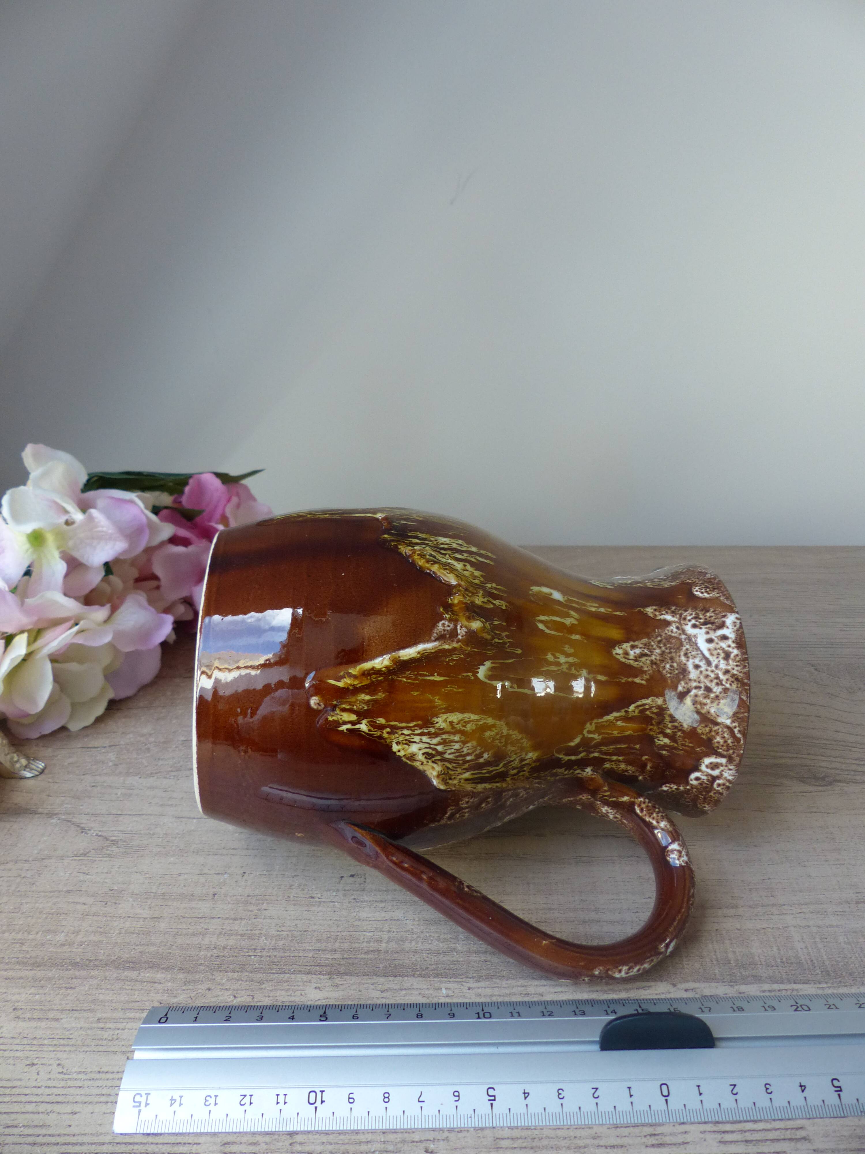Old brown ceramic water jug pitcher, rustic country house pitcher 1970s