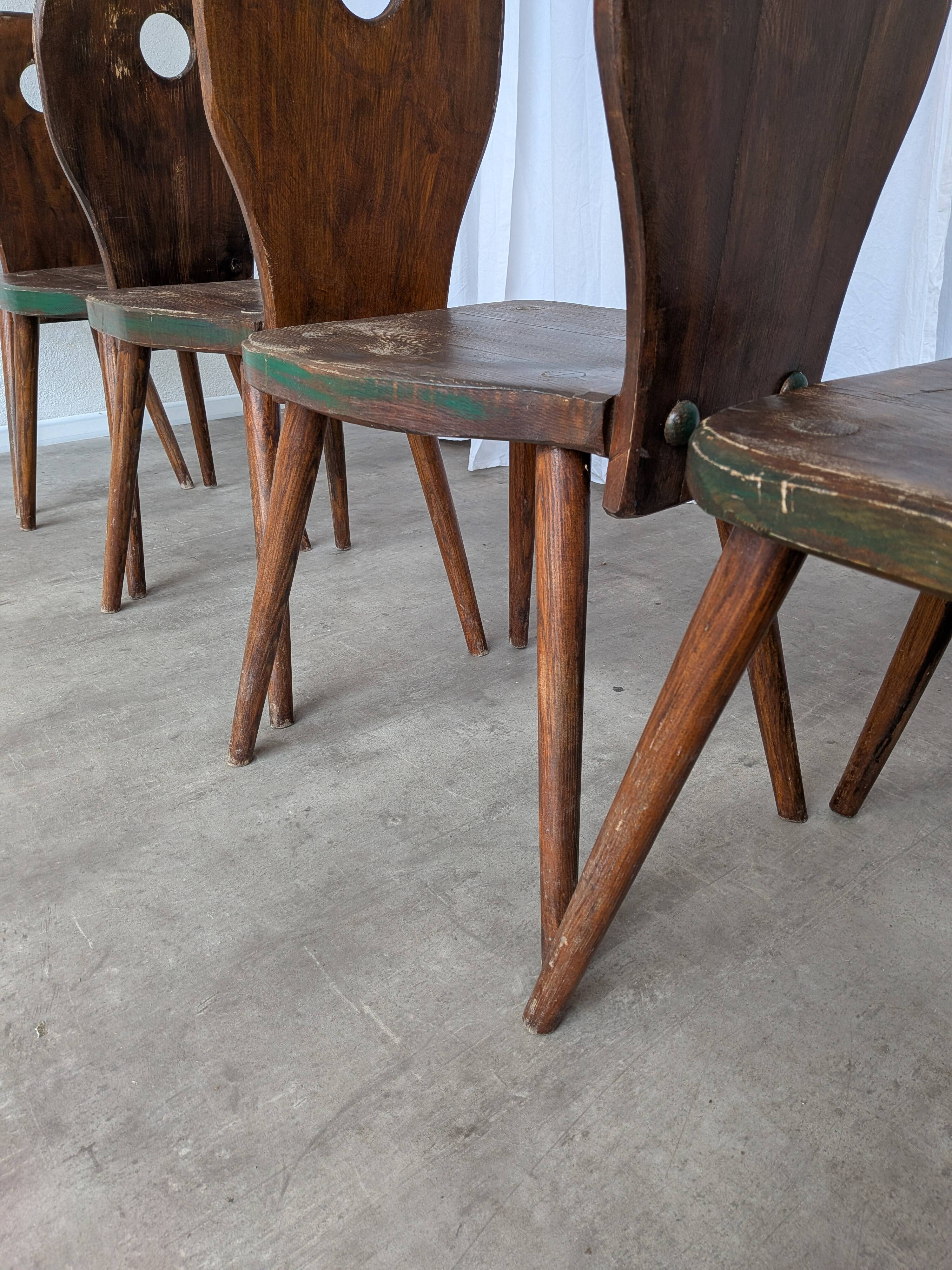 Set of 6 Vintage Brutalist Wooden Chair / Rustic Farmhouse Dining Chair