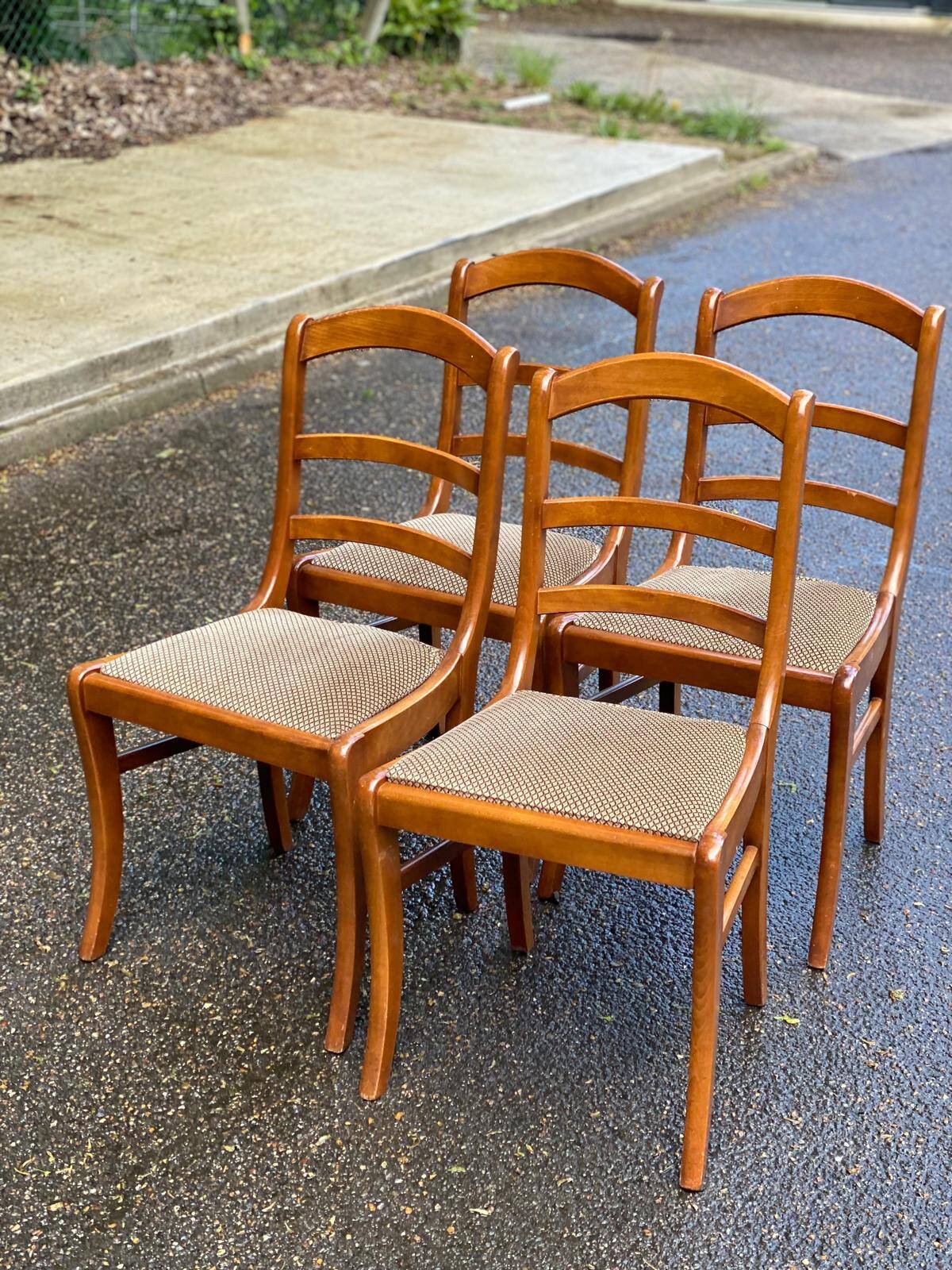 4 chairs in solid blond wood and brown beige embroidered tiled velvet suede