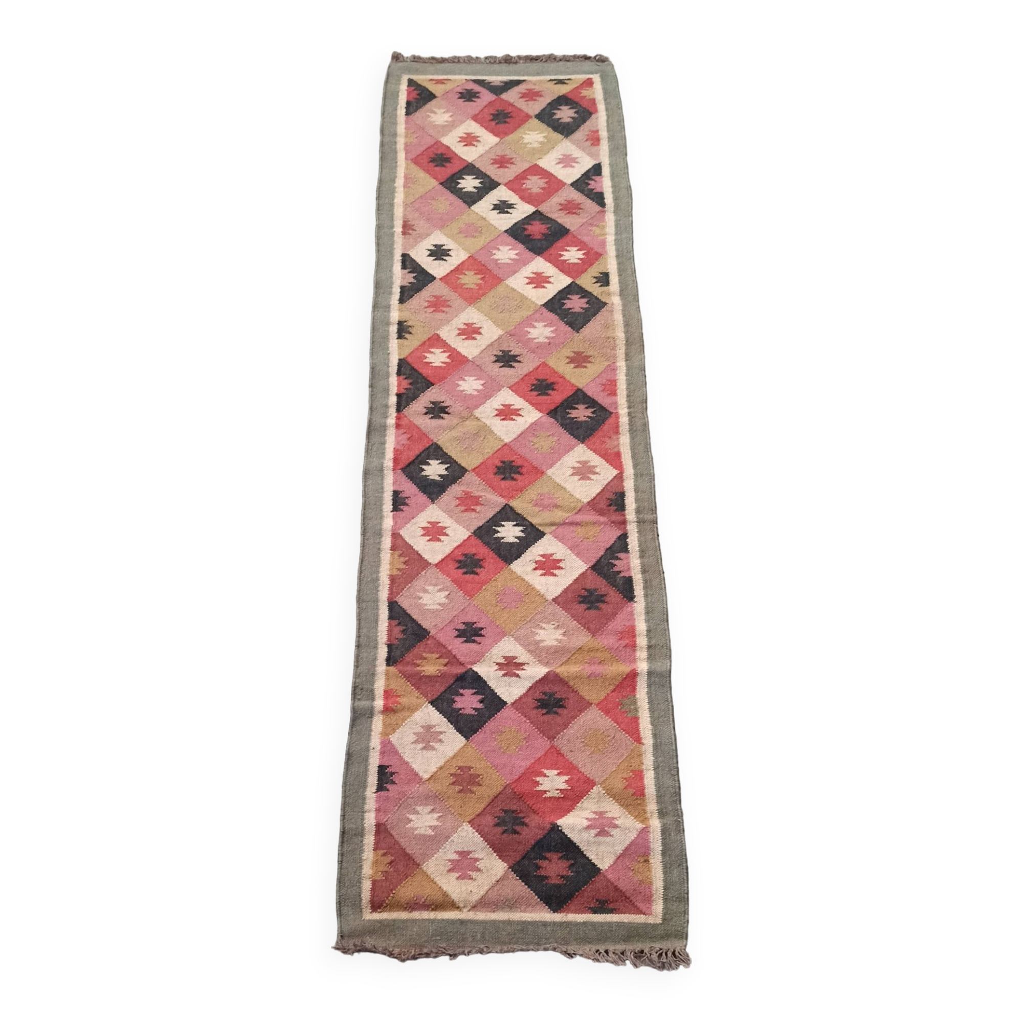 Tapis kilim en toile de jute et coton. 80cm x 310cm