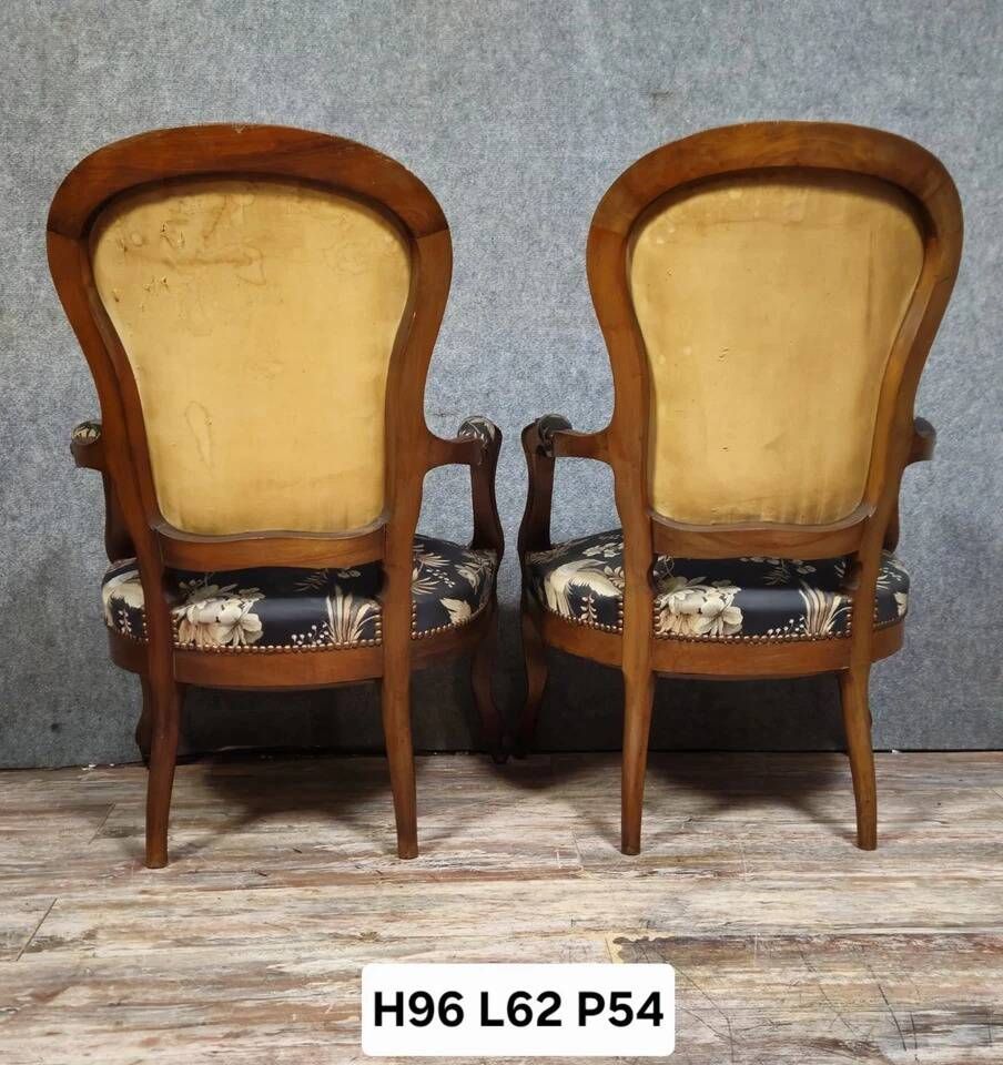 Pair of Napoleon III armchairs in mahogany with silk-style upholstery.