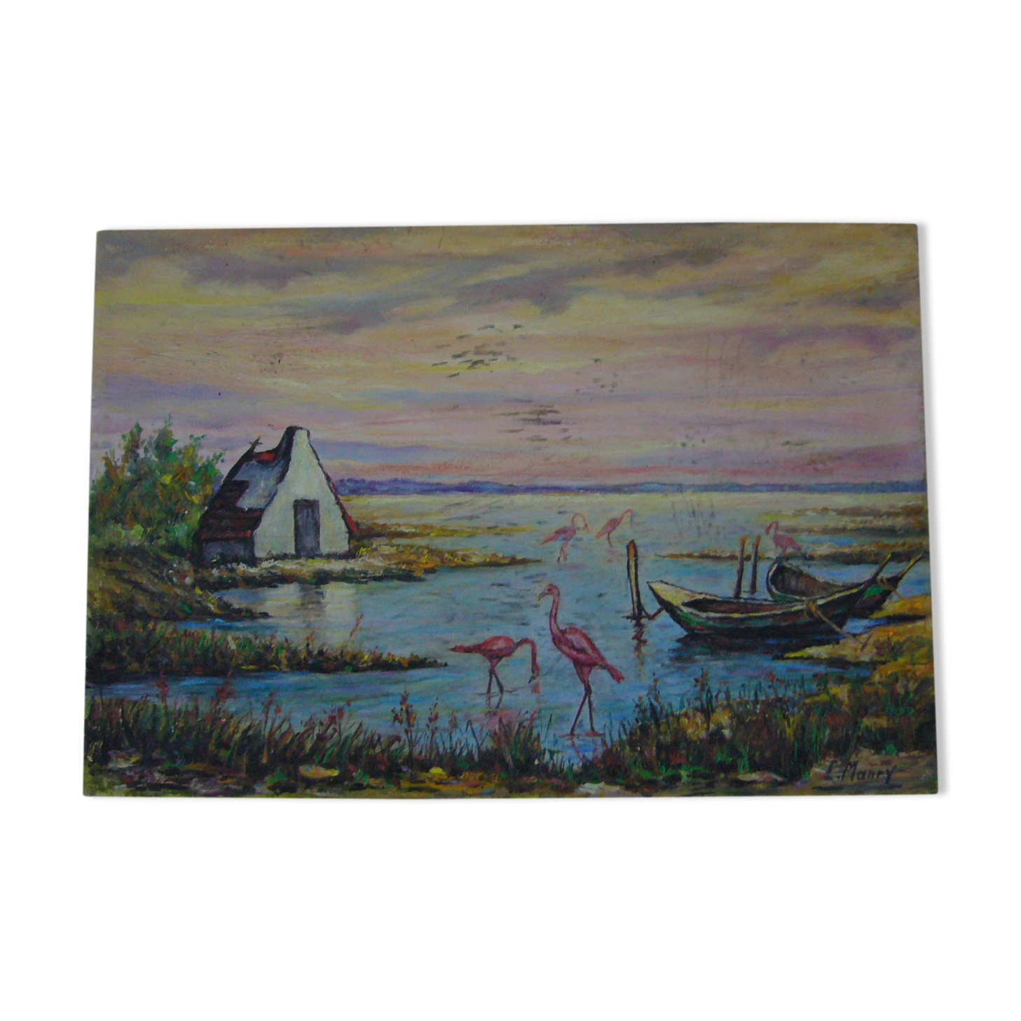 Table has oil on wood panel "lakes and flamingos" signed
