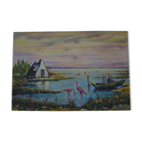 Table has oil on wood panel "lakes and flamingos" signed