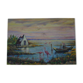 Table has oil on wood panel "lakes and flamingos" signed