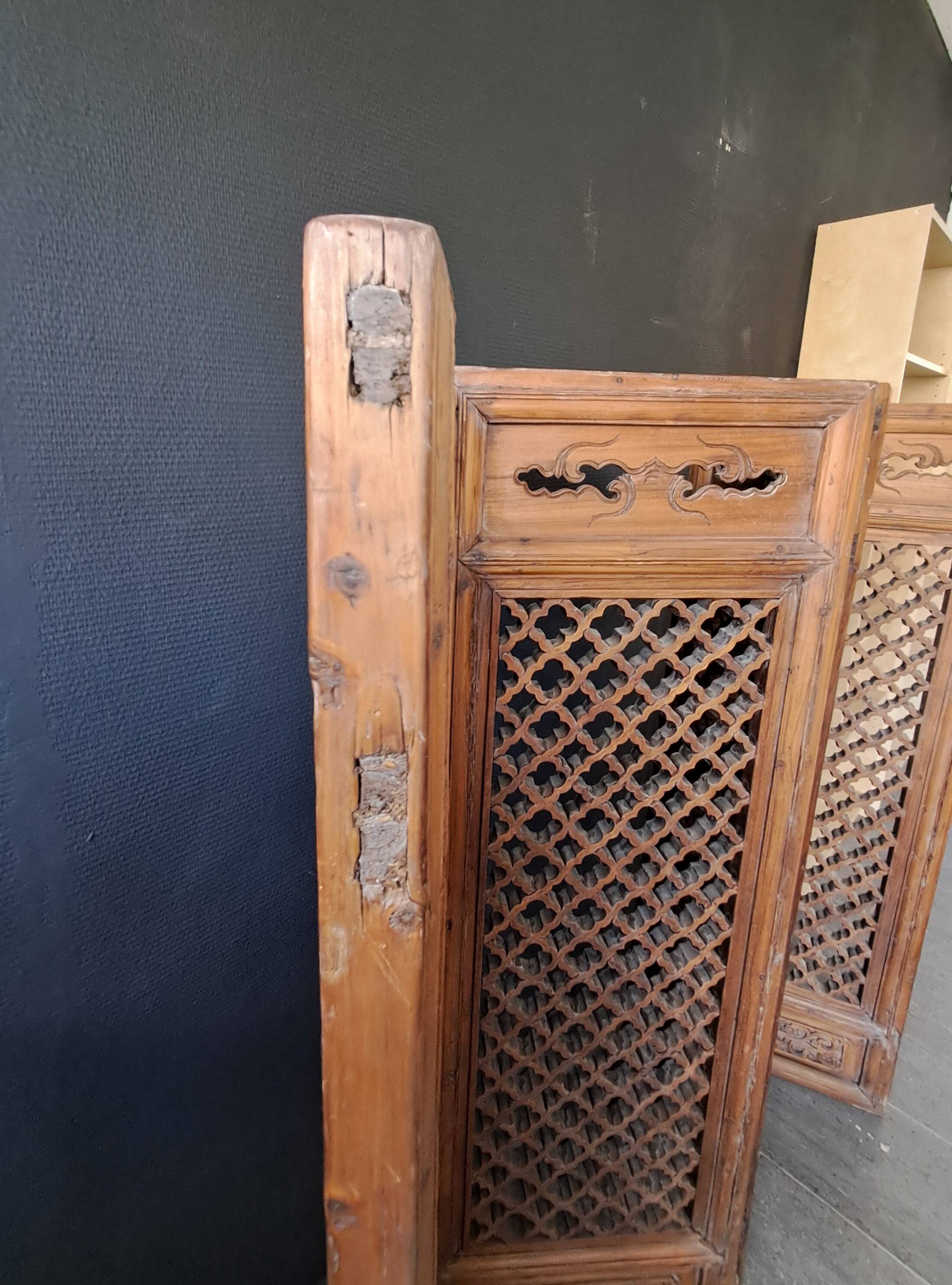 Antique Chinese Four-Panel Carved Wooden Screen