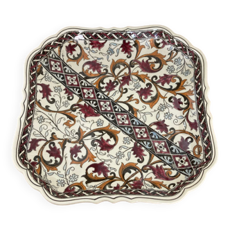 Square hollow dish in enameled earthenware from Gien with medieval decor (stamp 1960)