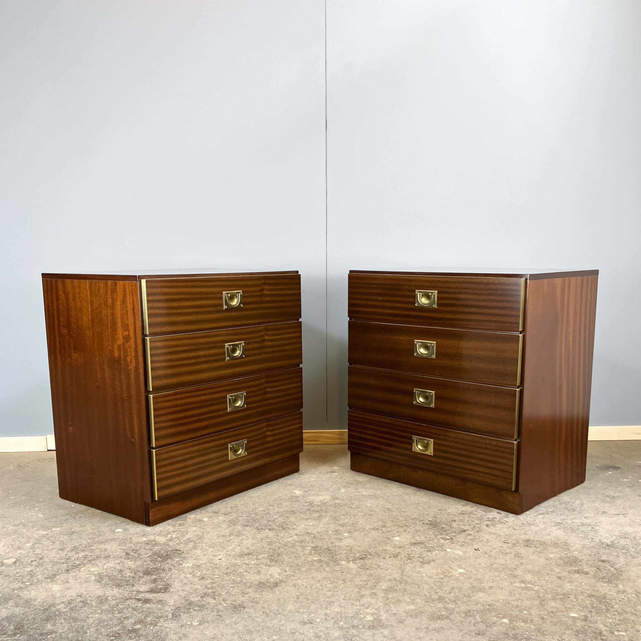 2 bedside tables/small chests of drawers in Campaign style, 1970s