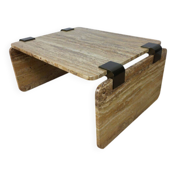 Table basse en travertin et jonctions aluminium, années 70