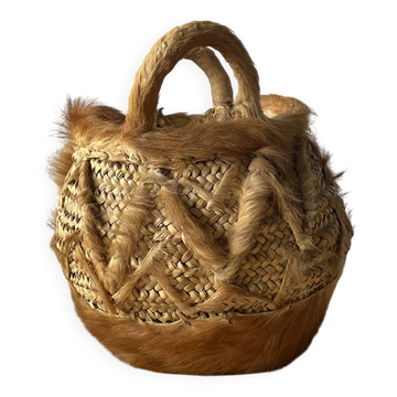 Panier à anses tressé artisanal ancien en fibres naturelles