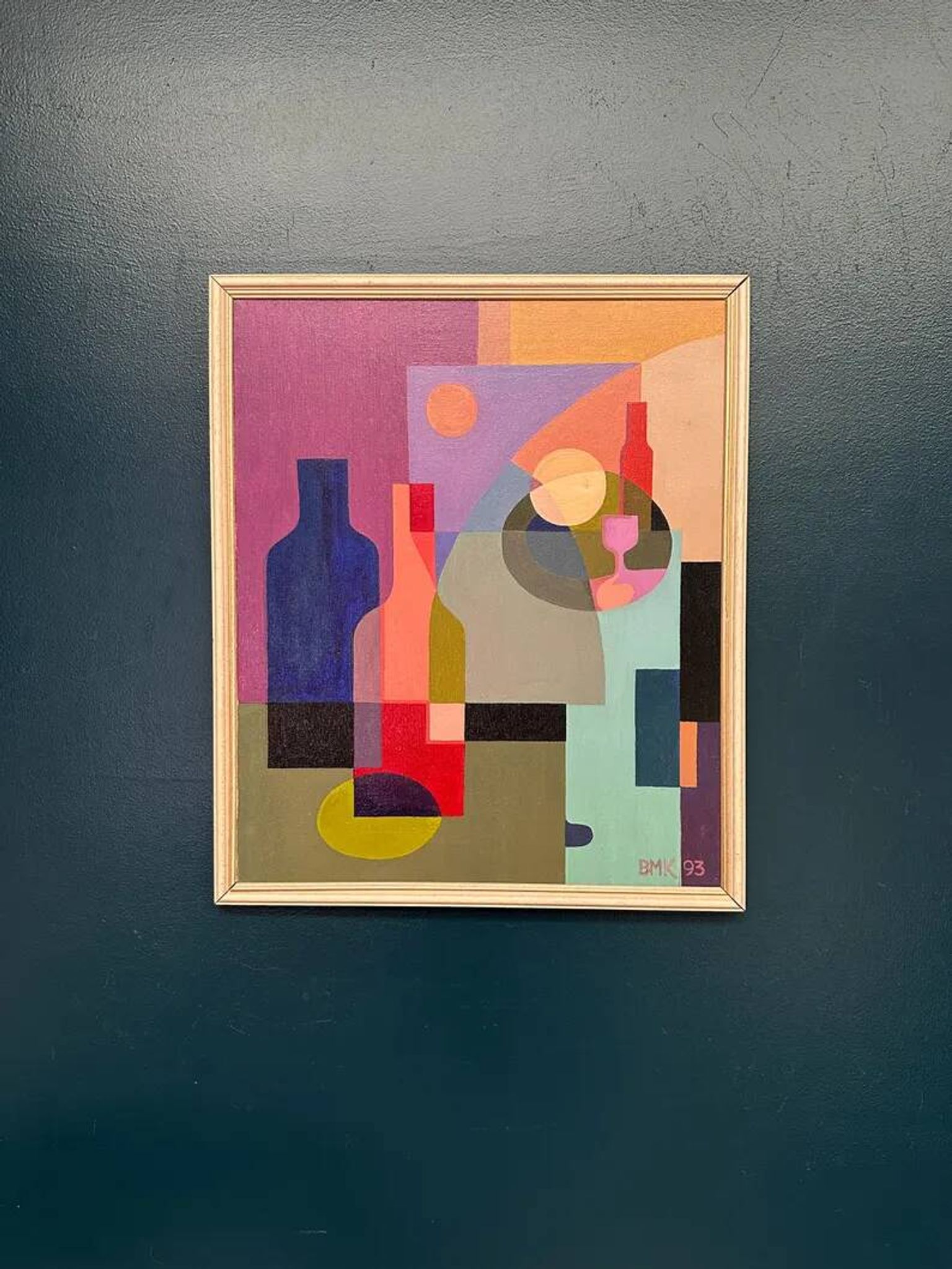 Original Swedish Oil on Canvas – "Abstract Still Life" by BMK (1993) – Signed – Vintage and Framed – 60 × 51 cm