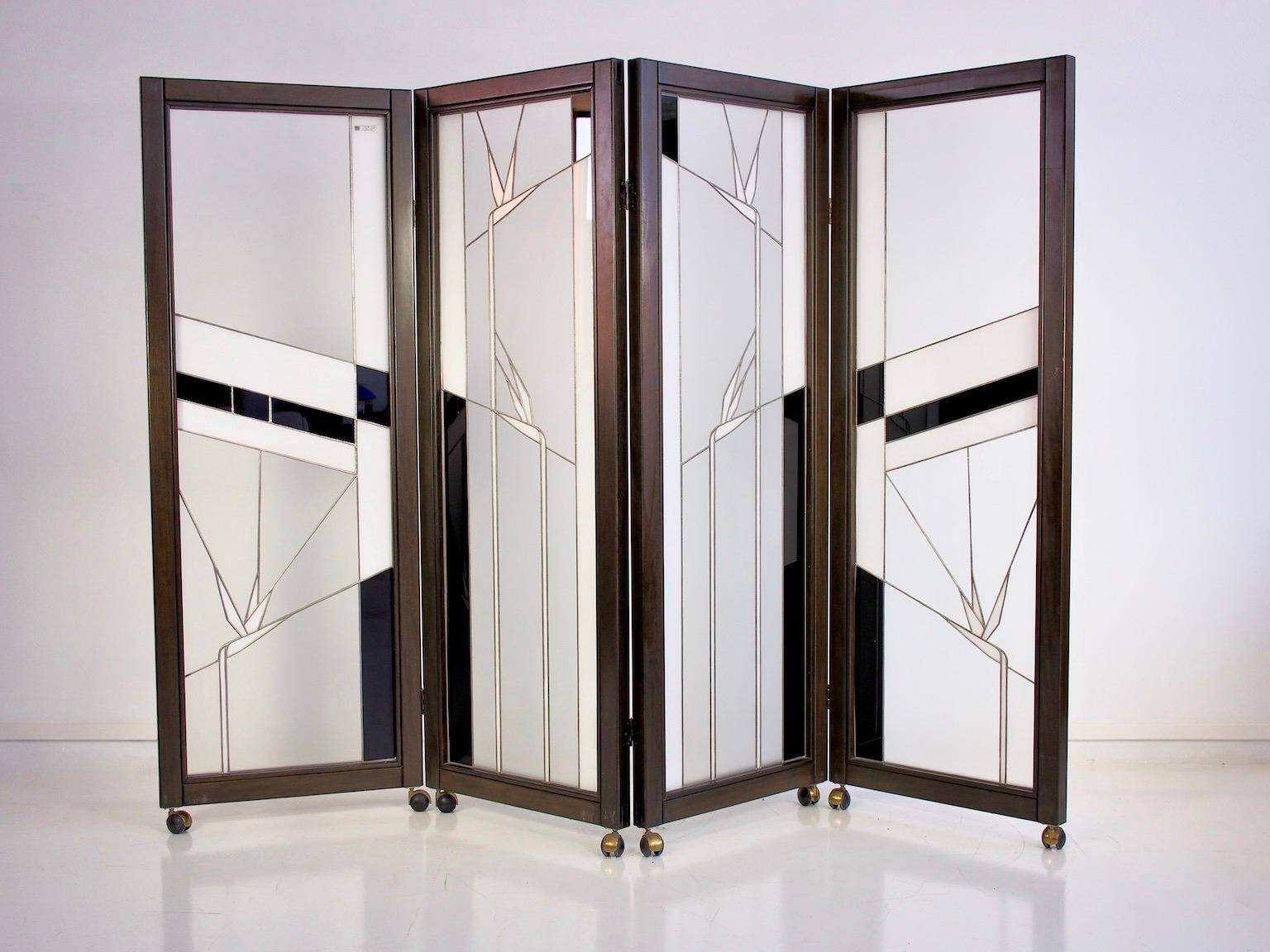 Paravent de style Art déco en bois et verre plombé
