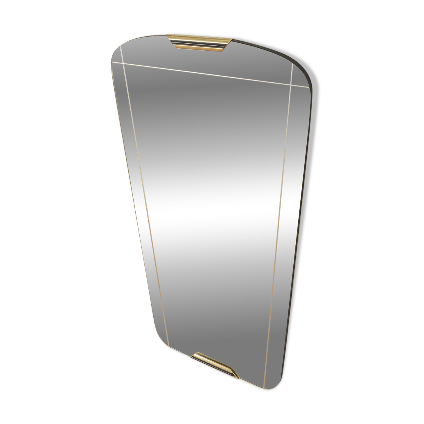 Classic 1950s mirror in black lacquered wooden frame with two brass elements