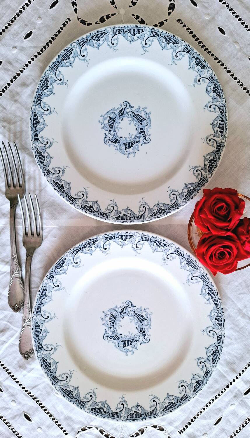 Old mismatched flat plates in iron earth earthenware