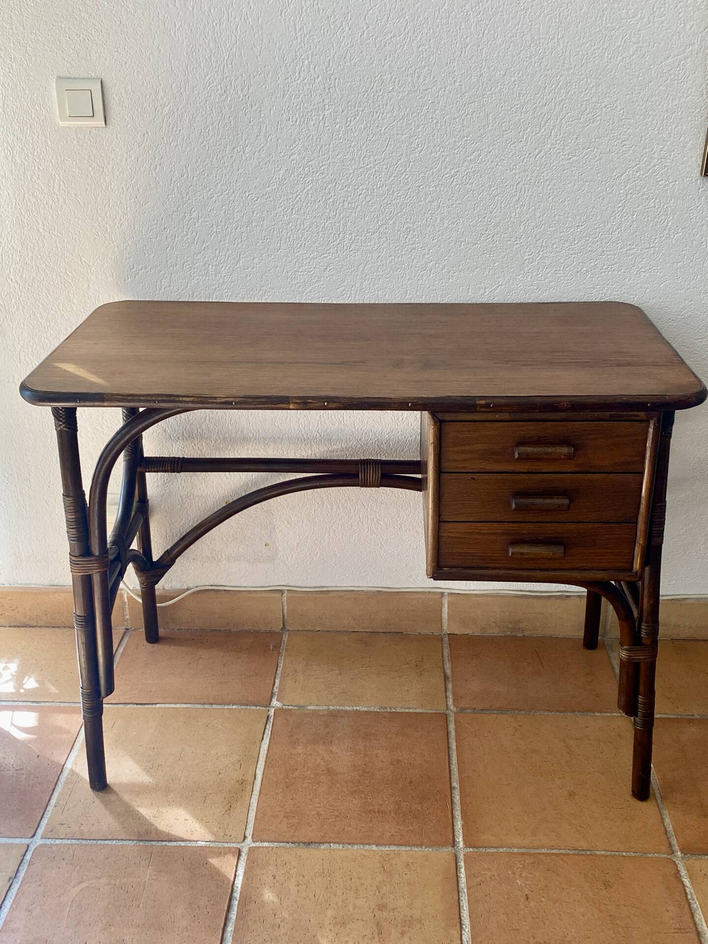Rattan desk with three drawers