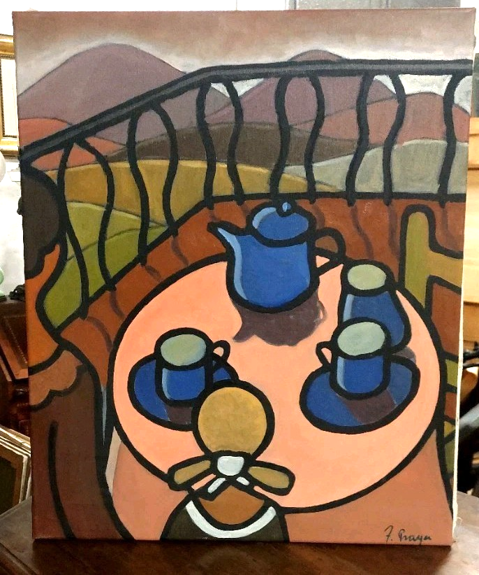 Oil painting on canvas "Breakfast on the Terrace" by Franco Prayer (1924) 58 x 48 cm