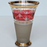 Granite art deco bohemian crystal vase with cranberry pink band and gold edging