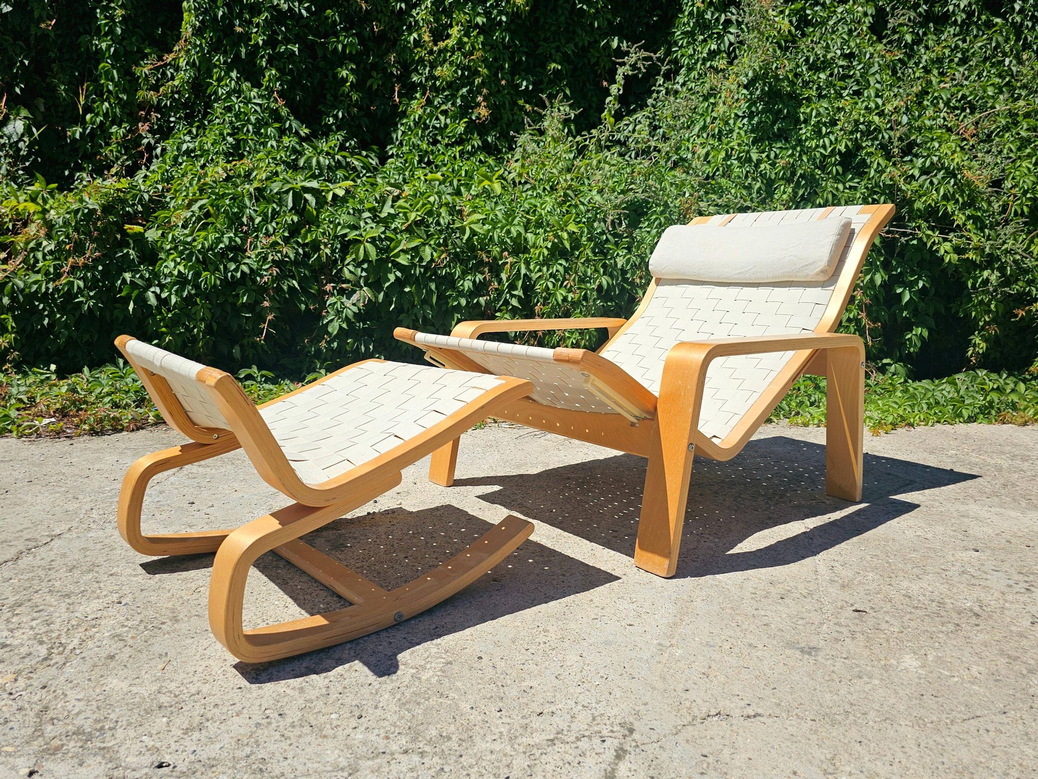 Pulkka lounge chair pair with ottoman by Ilmari Lappalainen for IKEA