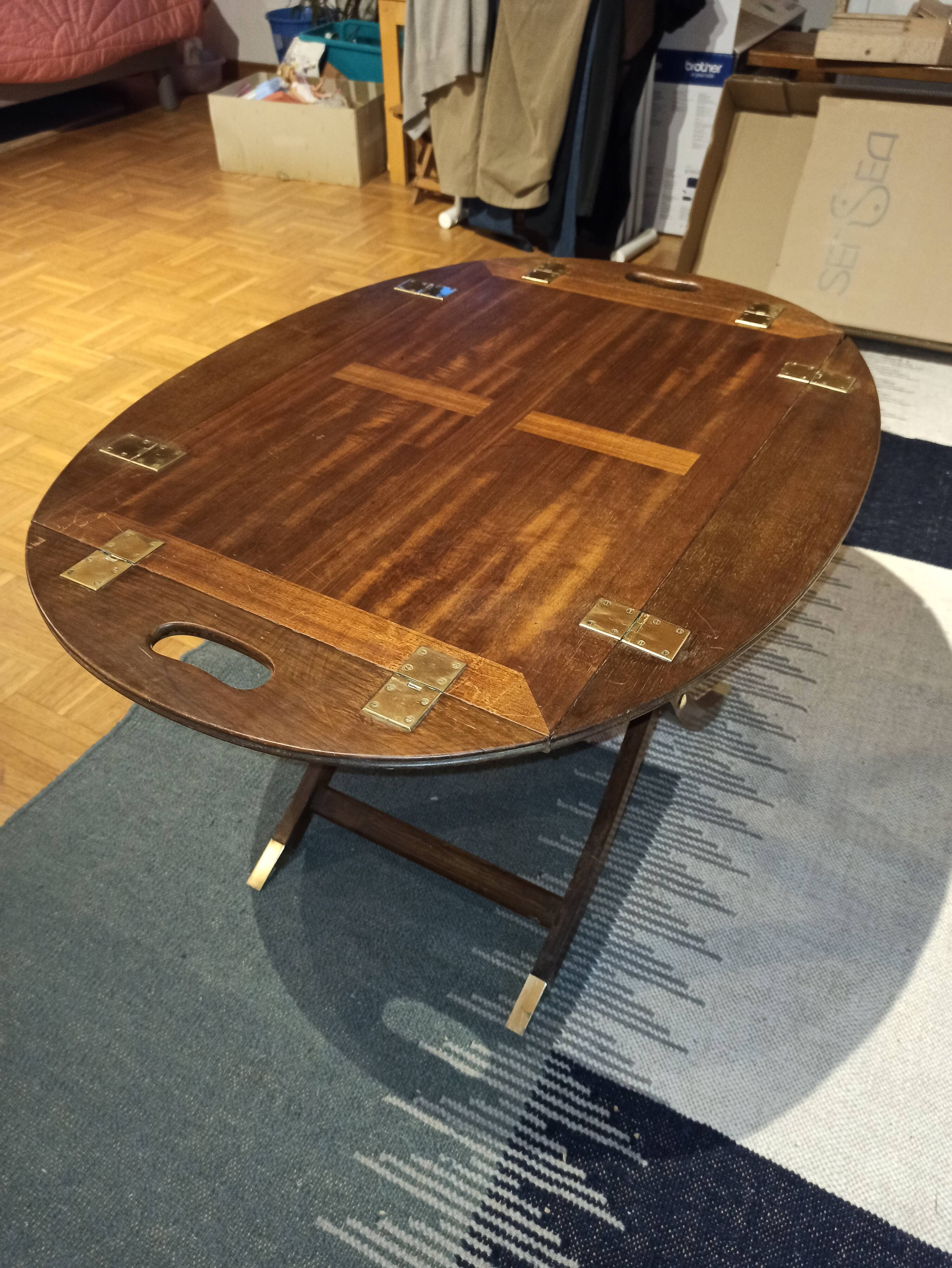 Folding coffee table type Butler marine boat wood and brass mahogany
