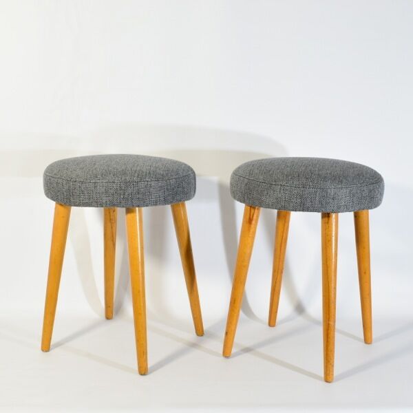 Vintage grey spring stool restored, wood