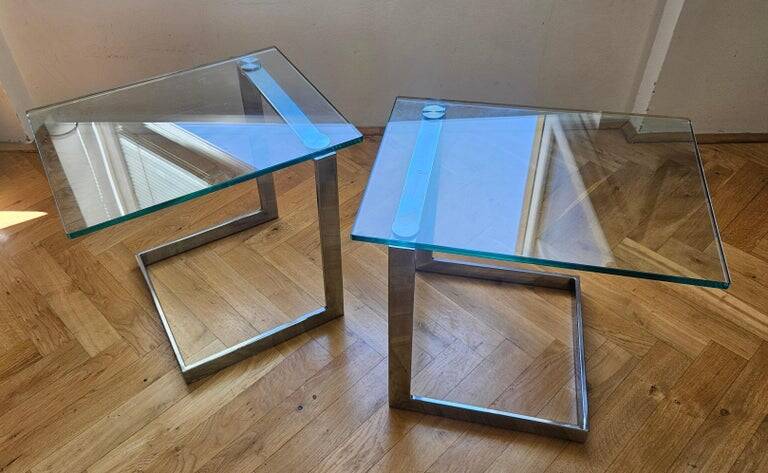 Pair of Midcentury Cantilevered Glass & Chrome Coffee Tables GEBRA, 1980s